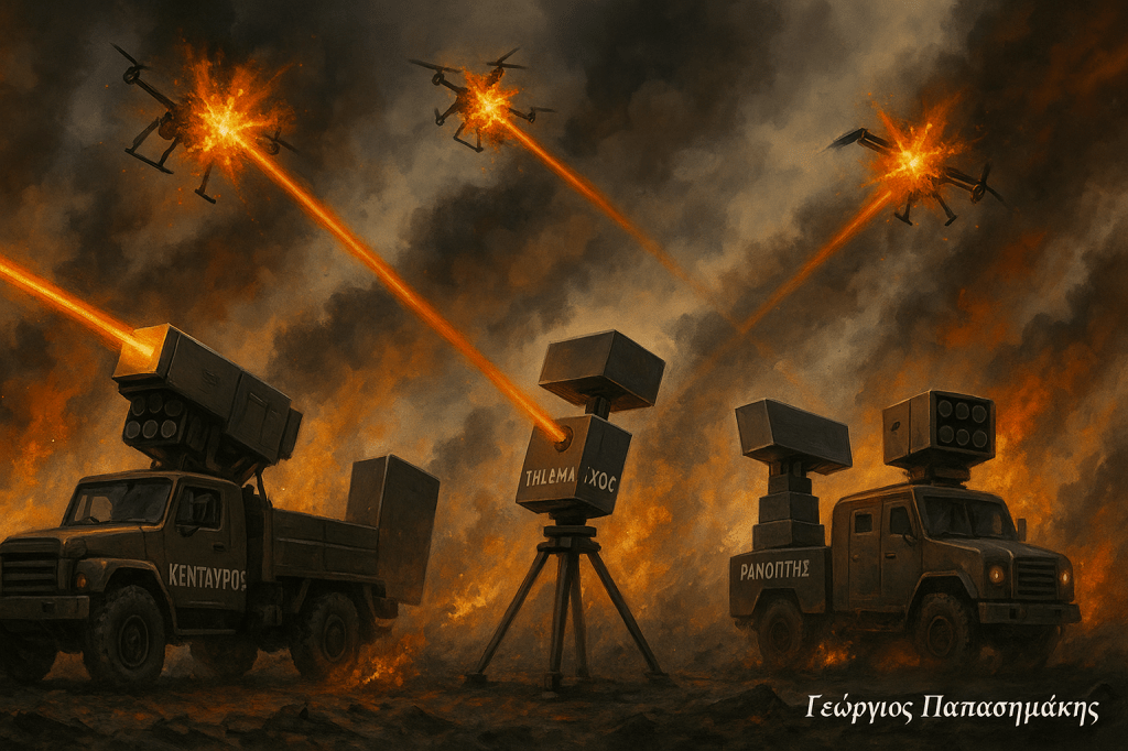 Φανταστική απεικόνιση με Ελληνικά συστήματα anti-drone σε δράση – Κένταυρος, Υπερίων, Τηλέμαχος, Πανόπτης