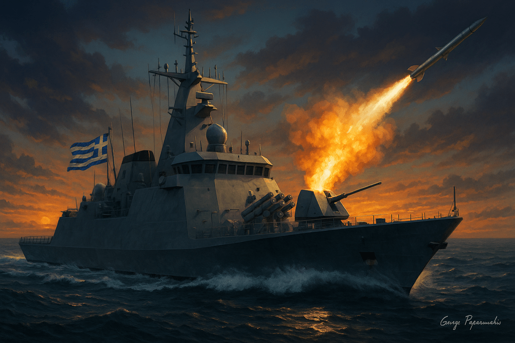 Ελληνική εθνική κορβέτα σε ψηφιακή απεικόνιση, εξοπλισμένη με πυραύλους και ραντάρ, εν πλω στο Αιγαίο