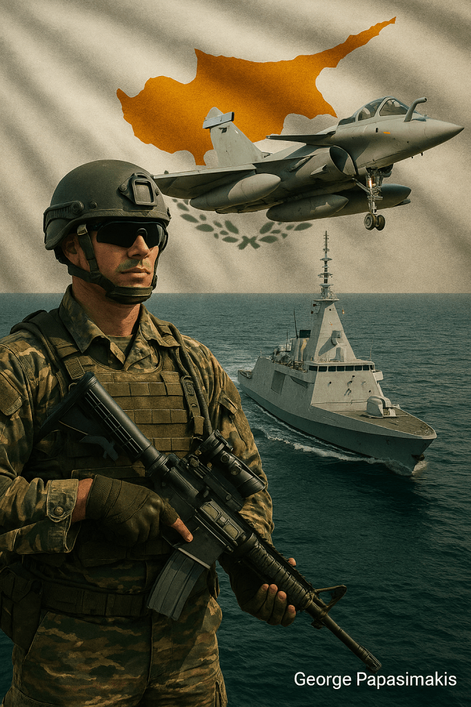 Έλληνας στρατιώτης έτοιμος για απόβαση, με Rafale και φρεγάτα Belharra μπροστά από τη σημαία της Κύπρου. Ψηφιακή απεικόνιση.  