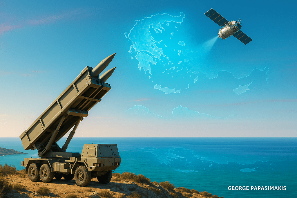 Πυραυλικός εκτοξευτής PULS σε ελληνική ακτή με δορυφόρο ICEYE πάνω από το Αιγαίο και ολογραφικό χάρτη επιτήρησης