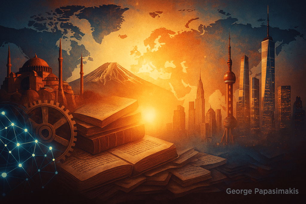 Συμβολικός χάρτης που απεικονίζει την πορεία της ανθρώπινης προόδου από τον Διαφωτισμό έως την Τεχνητή Νοημοσύνη.