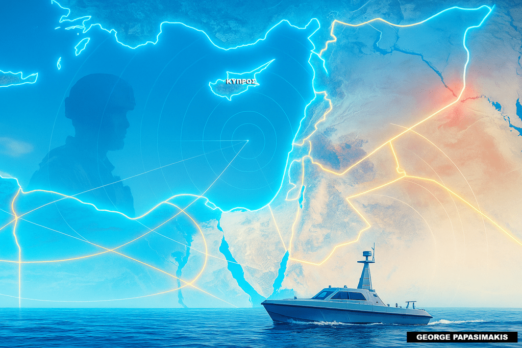 Χάρτης Ανατολικής Μεσογείου με ελληνικό ναυτικό drone και ενεργειακές διαδρομές