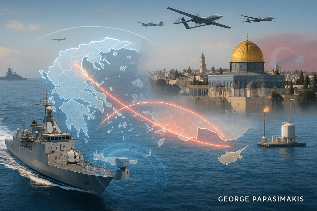 Γεωπολιτική εικόνα Ελλάδας–Τουρκίας με drones, αντι-drone άμυνα, Ιερουσαλήμ και ενεργειακές διαδρομές στην Ανατολική Μεσόγειο.