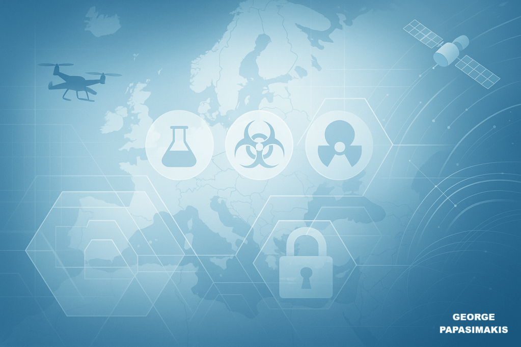 Ακαδημαϊκή απεικόνιση της ευρωπαϊκής αρχιτεκτονικής μη διάδοσης με χάρτη Ευρώπης, σύμβολα CBRN, drone, δορυφόρο και γεωμετρικά επίπεδα στρατηγικής ασφάλειας.