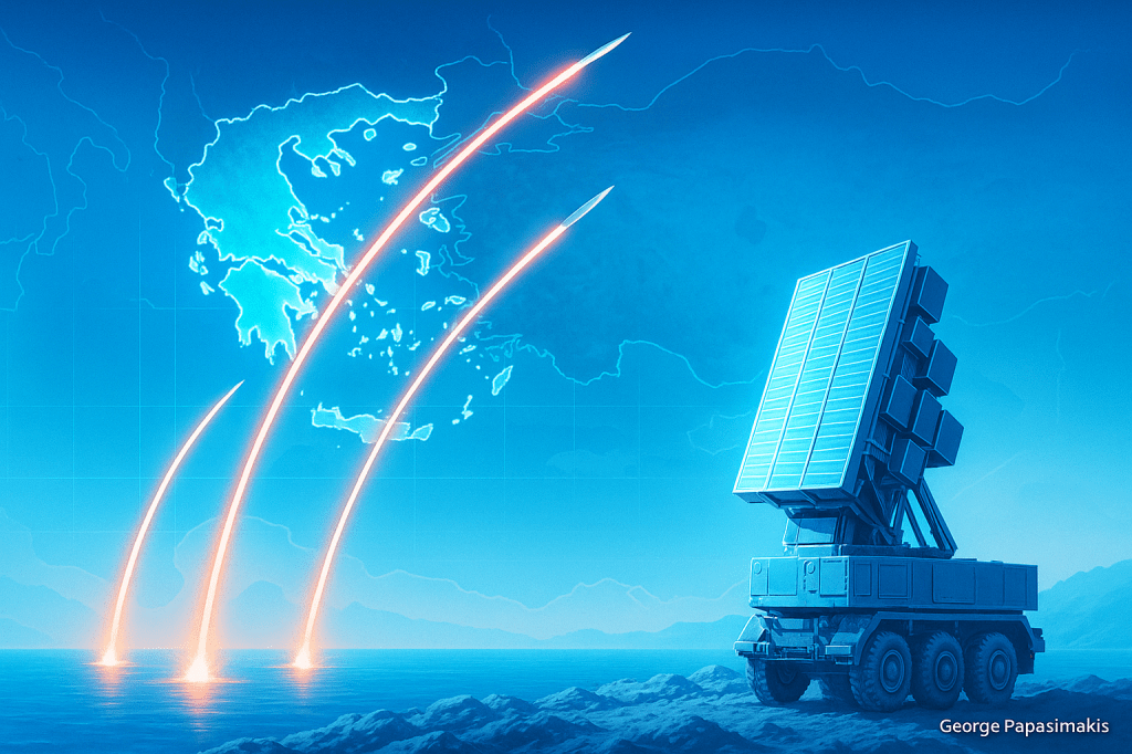 Ελληνικό πολυεπίπεδο σύστημα αεράμυνας με ραντάρ και αναχαιτιστές σε στρατηγική απεικόνιση της νέας Ελληνικής Ασπίδας 2030.