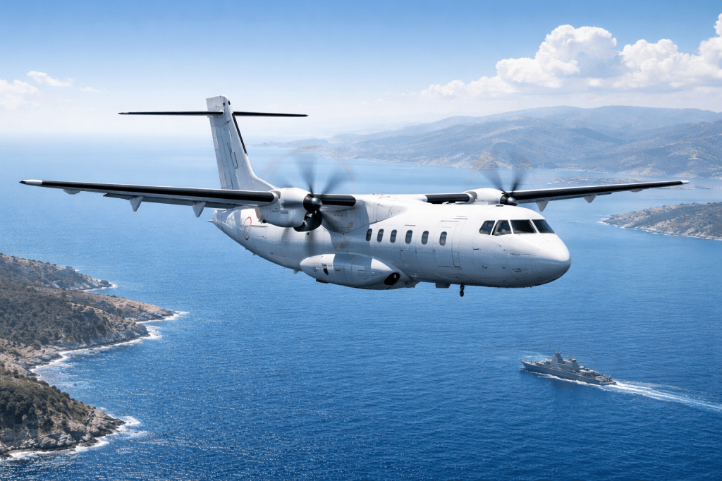 Στρατιωτικό αεροσκάφος ATR-72 σε πτήση επιτήρησης πάνω από το Αιγαίο Πέλαγος, με καθαρό ορίζοντα και διακριτική ναυτική παρουσία στο βάθος.