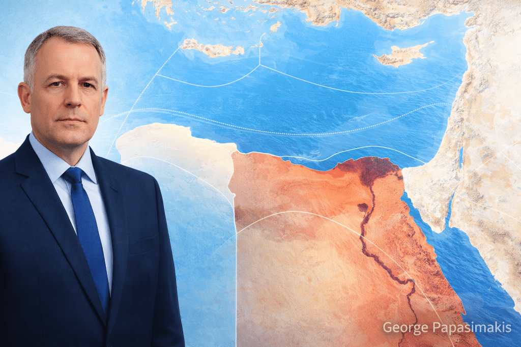 Φωτεινός γεωπολιτικός χάρτης Ανατολικής Μεσογείου με έμφαση σε Κρήτη και Λιβύη.