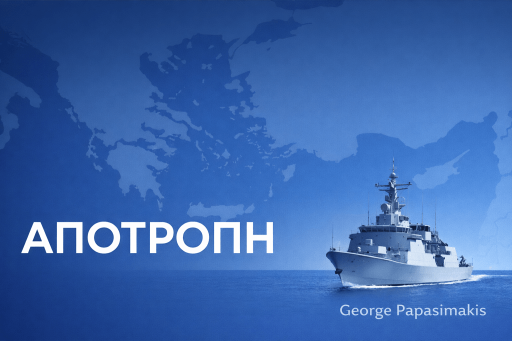 Φρεγάτα του Πολεμικού Ναυτικού στην Ανατολική Μεσόγειο με φόντο χάρτη Ελλάδας – θέμα αποτροπής και στρατηγικής ισχύος.