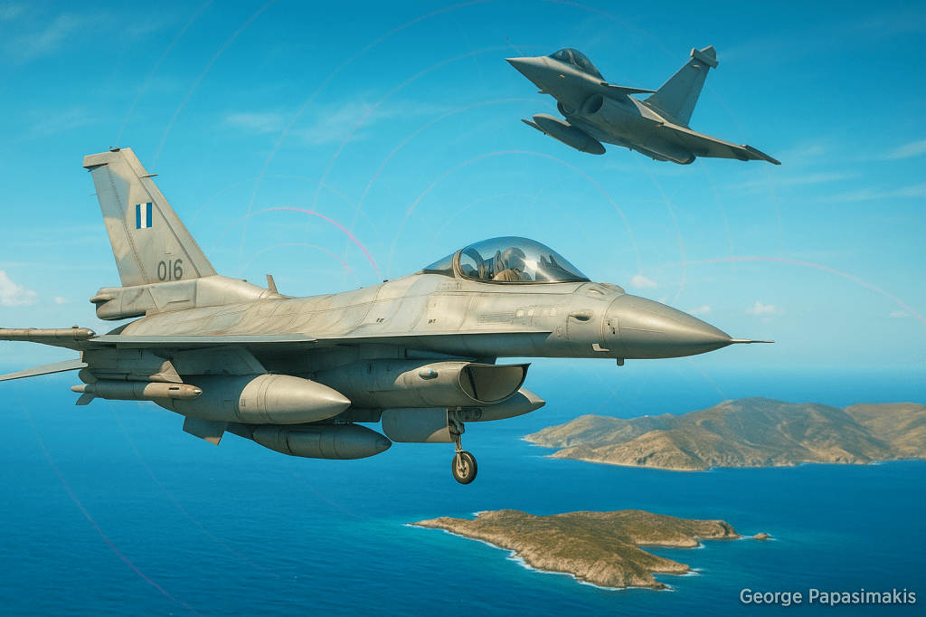 Ελληνικό F-16 Viper και Rafale πετούν πάνω από το Αιγαίο σε αεροπορική αποστολή υψηλής ισχύος.