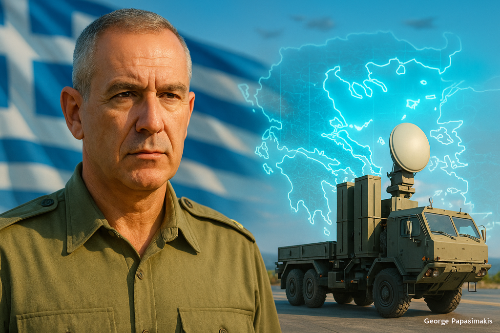 Ρεαλιστική απεικόνιση Έλληνα στρατηγού με ελληνική σημαία, πυραυλικό σύστημα και χάρτη Αιγαίου, στο πλαίσιο του νέου δόγματος προληπτικού πλήγματος.