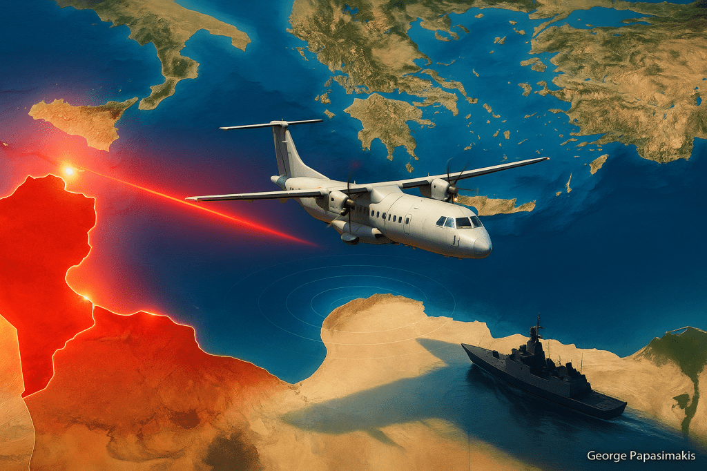Γεωπολιτική απεικόνιση Ανατολικής Μεσογείου με Λιβύη σε κόκκινο χρώμα, τουρκικό ATR-72 στο FIR Αθηνών και φρεγάτα του Πολεμικού Ναυτικού.
