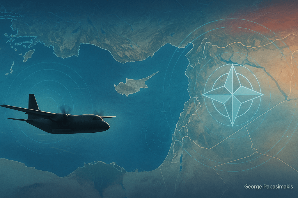 Αεροσκάφος επιτήρησης σε αποστολή μυστικής διπλωματίας πάνω από την Κύπρο και την Ανατολική Μεσόγειο με γεωπολιτικό χάρτη και σύμβολο πληροφοριών
