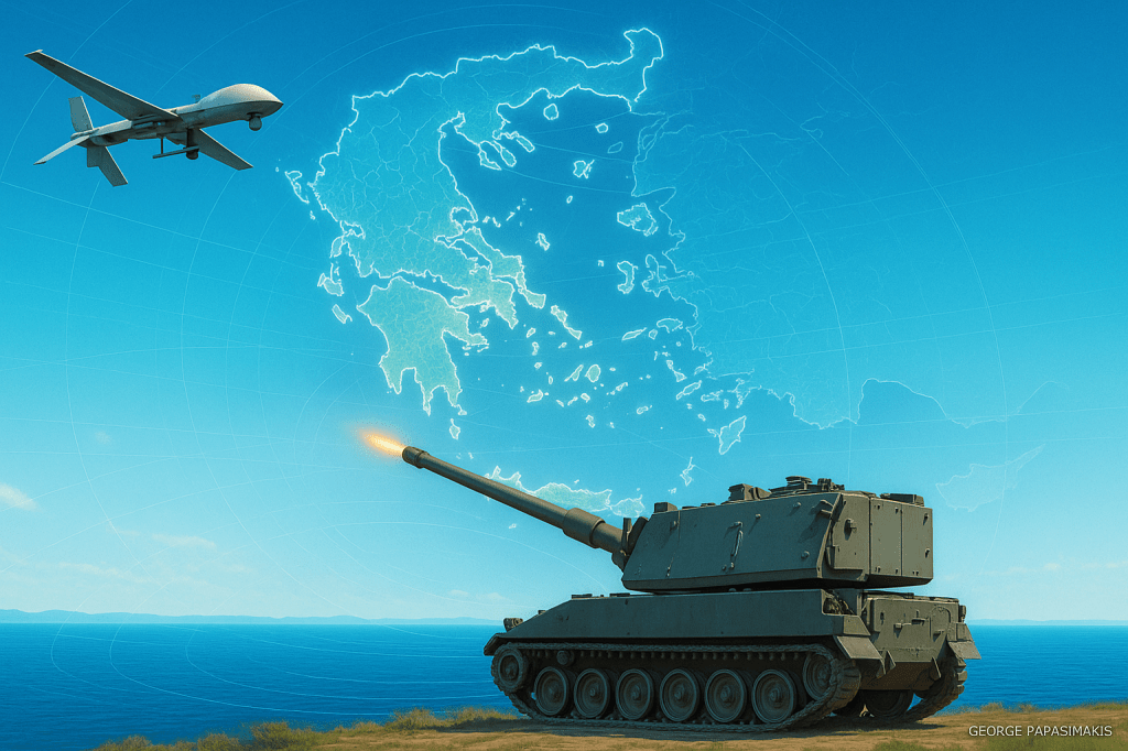 Πυροβολικό και drones σε επιχειρησιακή ανάπτυξη με φόντο το Αιγαίο και τον εναέριο χώρο