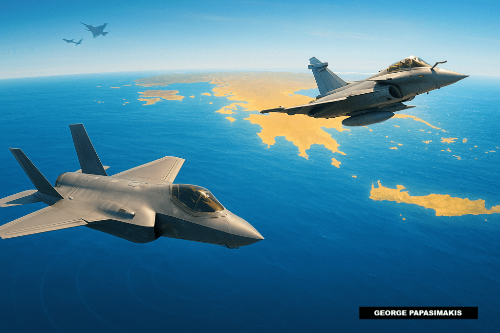 Αεροπορική ισορροπία στην Ανατολική Μεσόγειο με stealth αεροσκάφος, ευρωπαϊκό μαχητικό και UAV, σε φωτεινή απεικόνιση χωρίς εθνικά σύμβολα.