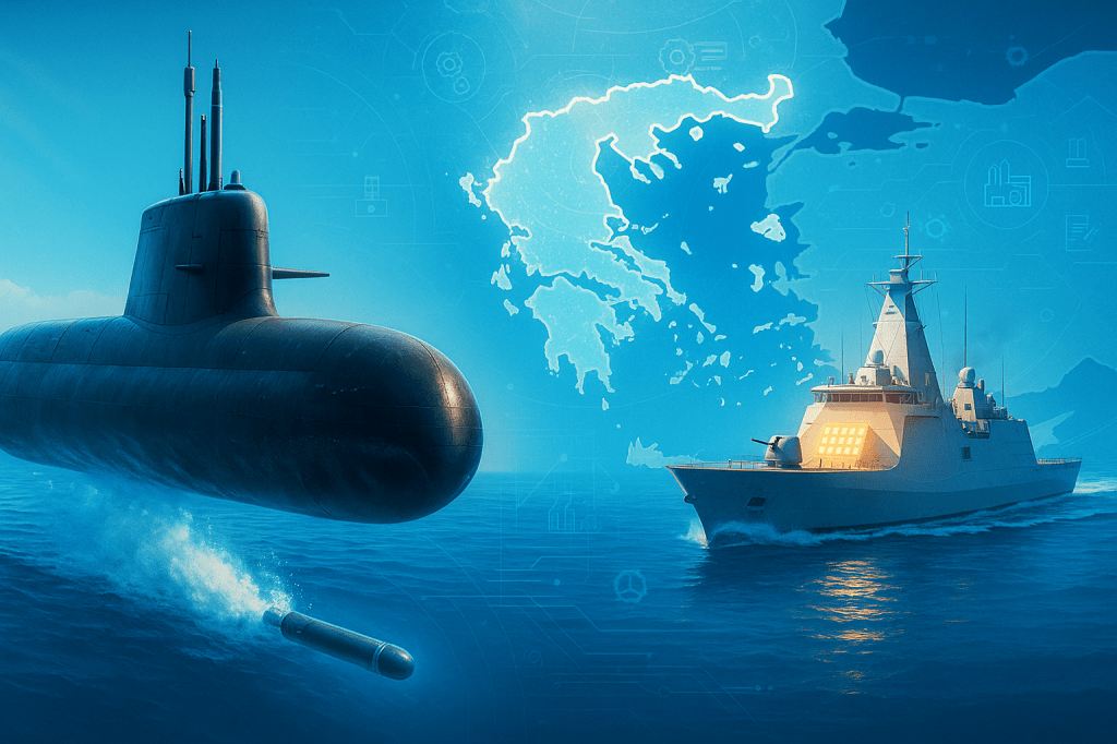 Ελληνικό υποβρύχιο Type 214 σε πρόγραμμα νέας βαριάς τορπίλης και φρεγάτα Belharra με δυνατότητες αεράμυνας, στο πλαίσιο ενίσχυσης της ελληνικής αμυντικής βιομηχανίας.