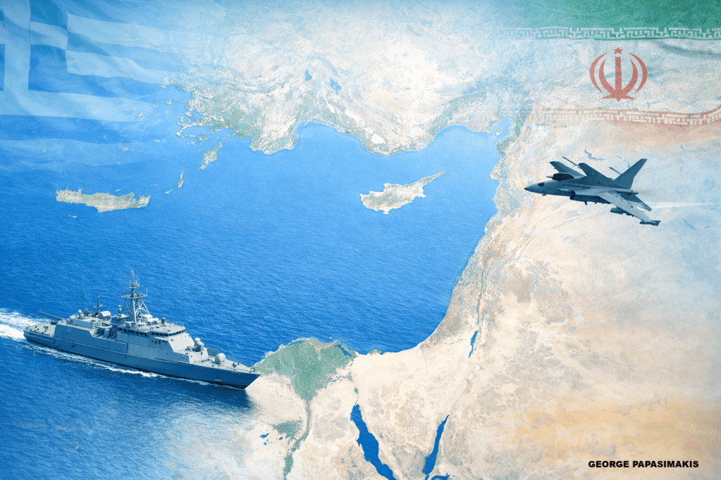 Χάρτης Ανατολικής Μεσογείου με φρεγάτα και μαχητικό, και διακριτή ένδειξη Ελλάδας και Ιράν – γεωπολιτική ανάλυση ισορροπίας δυνάμεων