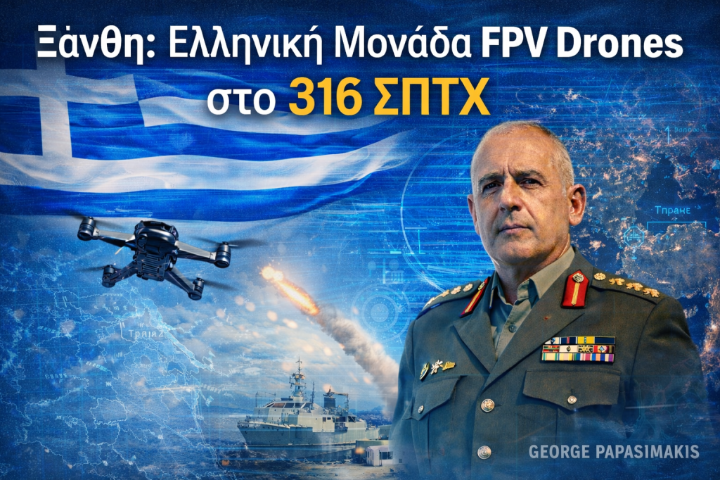 Ελληνικό FPV drone σε πτήση πάνω από αφηρημένο στρατιωτικό φόντο, με τον τίτλο «Ξάνθη: Ελληνική Μονάδα FPV Drones στο 316 ΣΠΤΧ» και υπογραφή George Papasimakis.