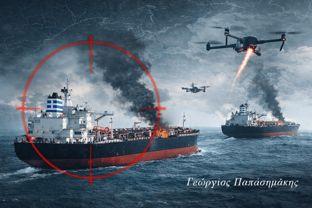 Ελληνικά δεξαμενόπλοια στη Μαύρη Θάλασσα υπό απειλή, σε εικονογράφηση γεωπολιτικής ανάλυσης για τη ναυτιλιακή ασφάλεια.