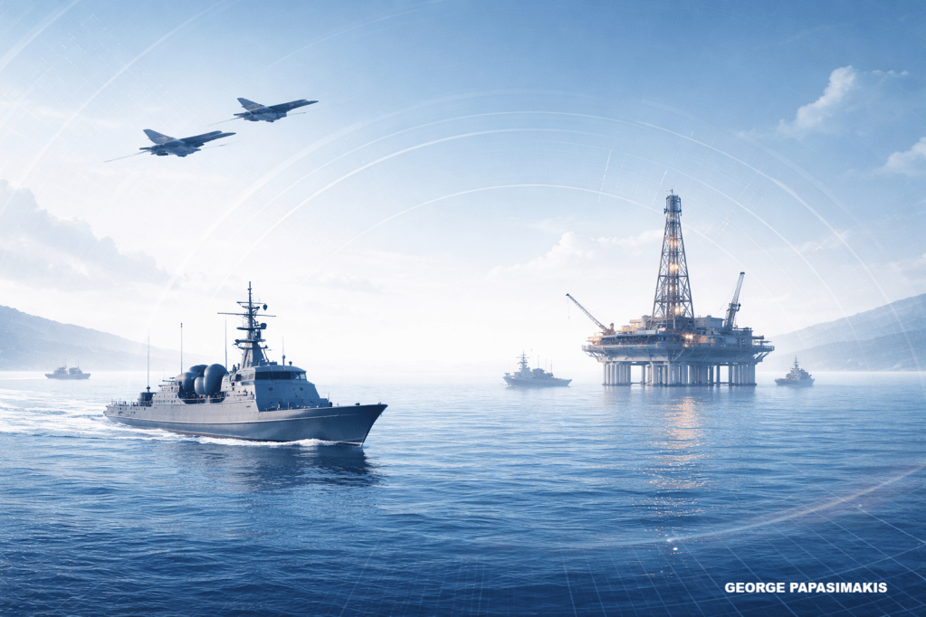 Στρατηγική απεικόνιση αποτροπής και ενεργειακής ασφάλειας στην Ανατολική Μεσόγειο με ναυτικό και εναέριο περιβάλλον, σε think-tank ύφος.
