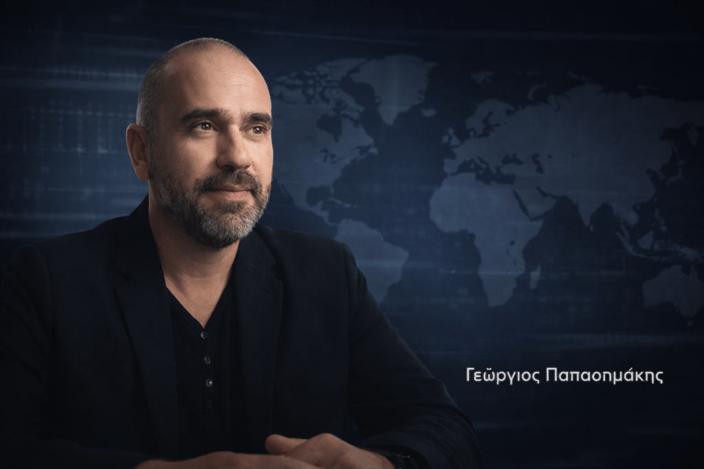 Πορτρέτο του Γεώργιου Παπασημάκη, αναλυτή γεωπολιτικής και στρατηγικής, για άρθρο σχετικά με τον χρόνο ως στρατηγικό εργαλείο ισχύος.