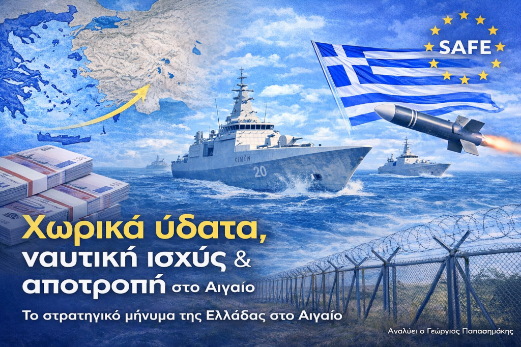 Οριζόντια εικόνα ανάλυσης με ελληνικές φρεγάτες στο Αιγαίο, αναφορά στα χωρικά ύδατα, τη ναυτική ισχύ και το στρατηγικό μήνυμα αποτροπής της Ελλάδας.