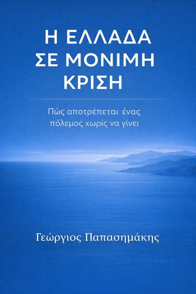 Εξώφυλλο eBook «Η Ελλάδα σε Μόνιμη Κρίση: Πώς αποτρέπεται ένας πόλεμος χωρίς να γίνει» του Γεωργίου Παπασημάκη