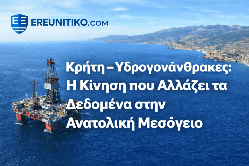 Κρήτη – Υδρογονάνθρακες: εξέδρα γεώτρησης νότια της Κρήτης με φόντο την Ανατολική Μεσόγειο για το Ereunitiko.com