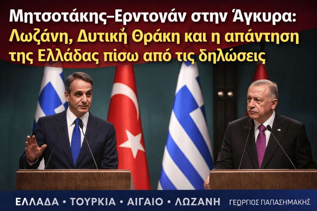 Μητσοτάκης και Ερντογάν στην Άγκυρα με φόντο ελληνική και τουρκική σημαία – ανάλυση για Λωζάνη και Δυτική Θράκη.