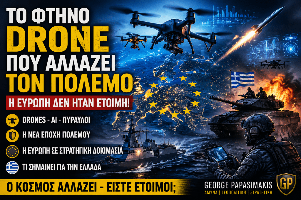 Το φτηνό drone που αλλάζει τον πόλεμο με φόντο την Ευρώπη, drones, πυραύλους, ελληνικές ένοπλες δυνάμεις και γεωπολιτική ανάλυση για τη νέα εποχή άμυνας και ασφάλειας.