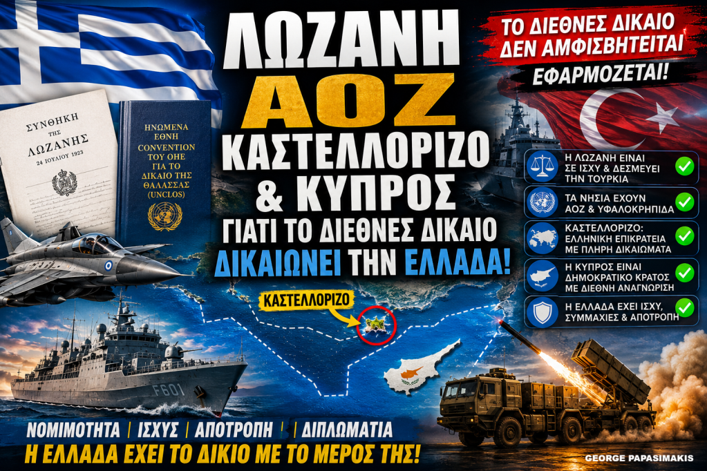 Λωζάνη, ΑΟΖ, Καστελλόριζο και Κύπρος – Η Ελλάδα απαντά στις τουρκικές διεκδικήσεις με διεθνές δίκαιο, ισχυρές ένοπλες δυνάμεις και στρατηγικές συμμαχίες στην Ανατολική Μεσόγειο