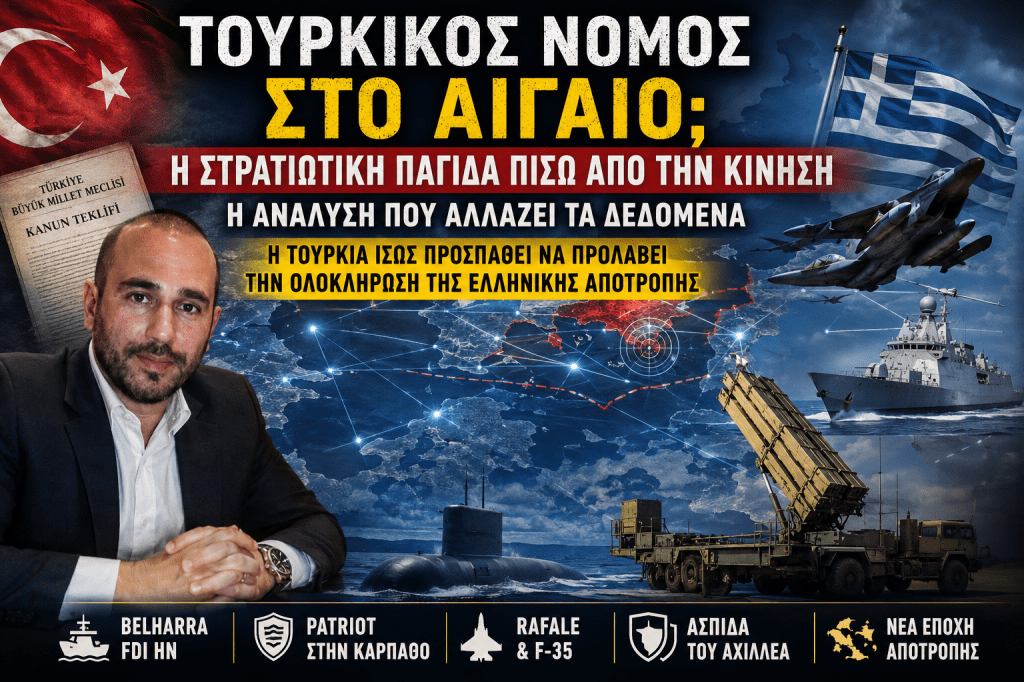 Ο Γεώργιος Παπασημάκης αναλύει τη στρατηγική διάσταση του νέου τουρκικού νόμου στο Αιγαίο, με αναφορές σε Belharra, Patriot, Rafale, F-35 και την ελληνική αποτροπή στην Ανατολική Μεσόγειο.