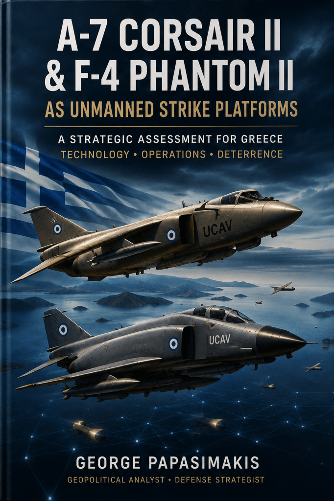 Εξώφυλλο της επιστημονικής μελέτης «A-7 Corsair II & F-4 Phantom II ως μη επανδρωμένες πλατφόρμες κρούσης (UCAV)» του George Papasimakis με αεροσκάφη της Ελληνικής Πολεμικής Αεροπορίας πάνω από το Αιγαίο.