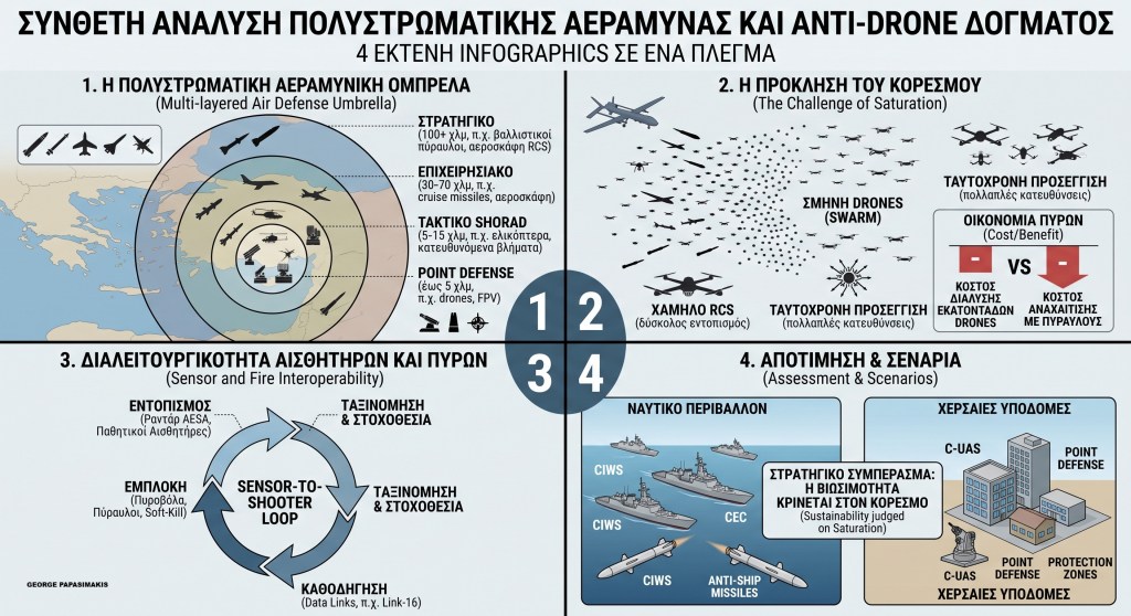 Infographic ανάλυσης πολυστρωματικής αεράμυνας, ζώνες εμπλοκής πυραύλων και anti-drone συστημάτων C-UAS