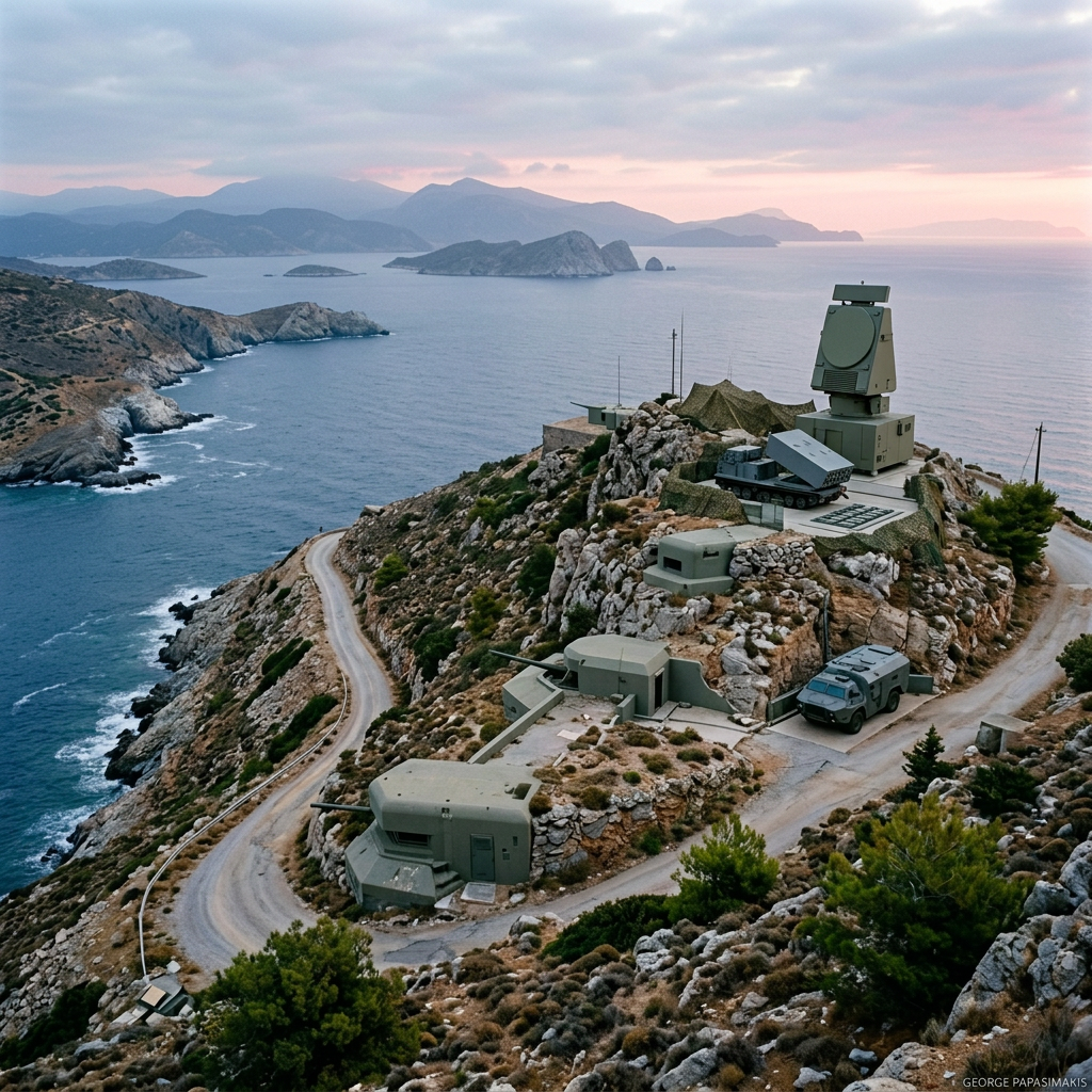 Coastal military installation with bunkers and radar overlooking island-dotted sea